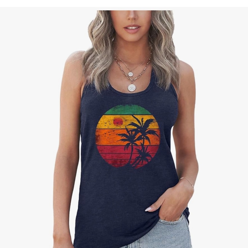 Navy Graphic Basic Tank Top Loose Fit Casual Size Small NEW